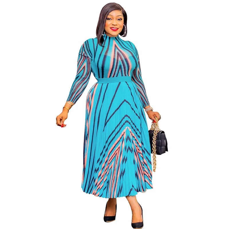 Plus Size Dress Women's Long Sleeve Print Pleated Skirt Spring Lady OL Commuter Loose Large Fashion High Waist Elegant Dresses