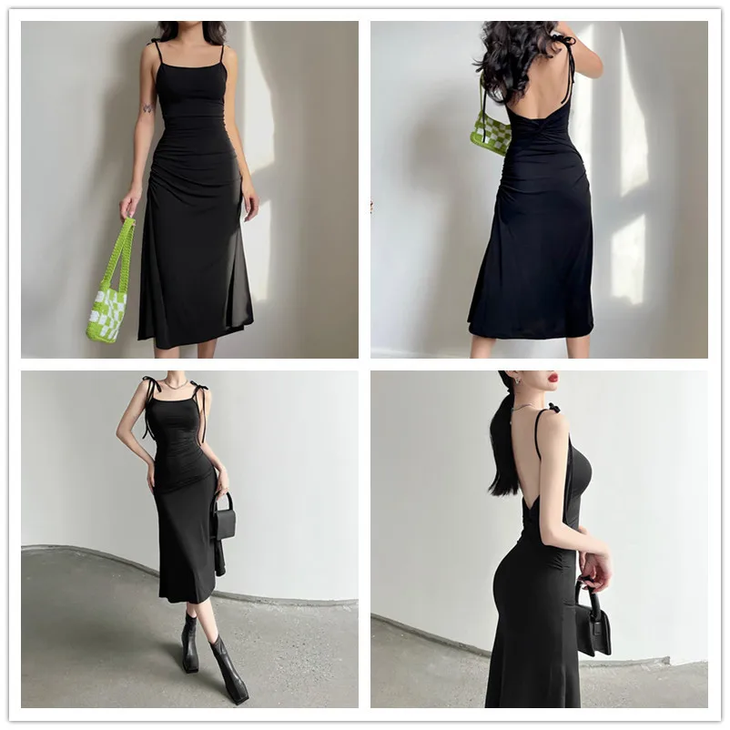 

Europe And The United States 2022 Fashion Side Pleated Design Sexy Backless Suspender Dress Temperament Slim Black Long Skirt