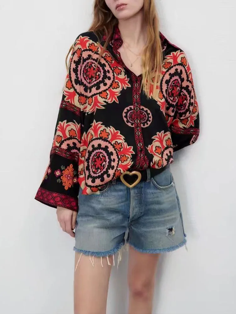 

Women 2022 spring New Fashion printing Blouses Vintage Long Sleeve Button-up Female Shirts Blusas Chic Tops