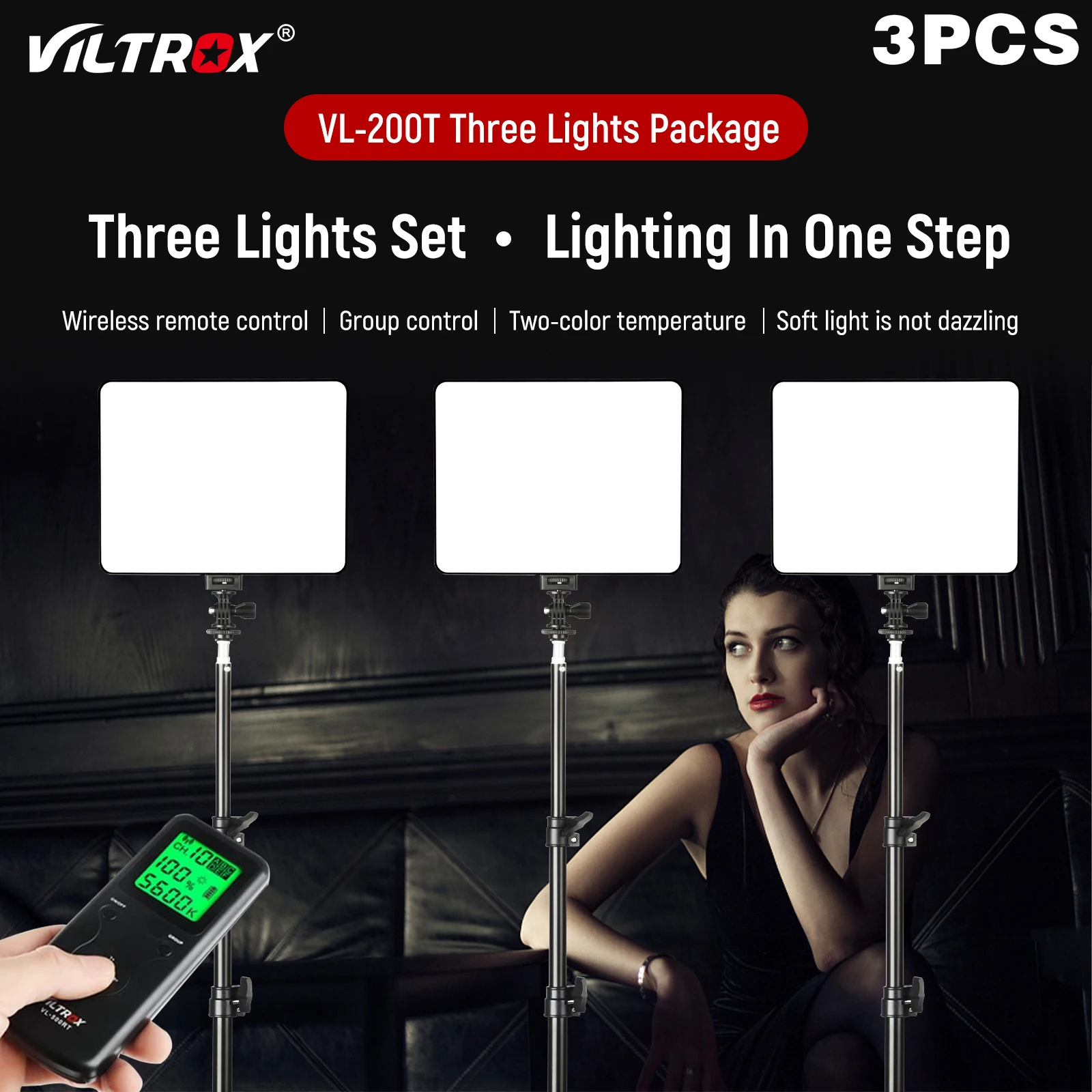 

VILROX 3 pcs VL-200T Bi-color Dimmable Wireless remote LED Video Panel Light Stand for DSLR Photo studio shooting Lighting Suit