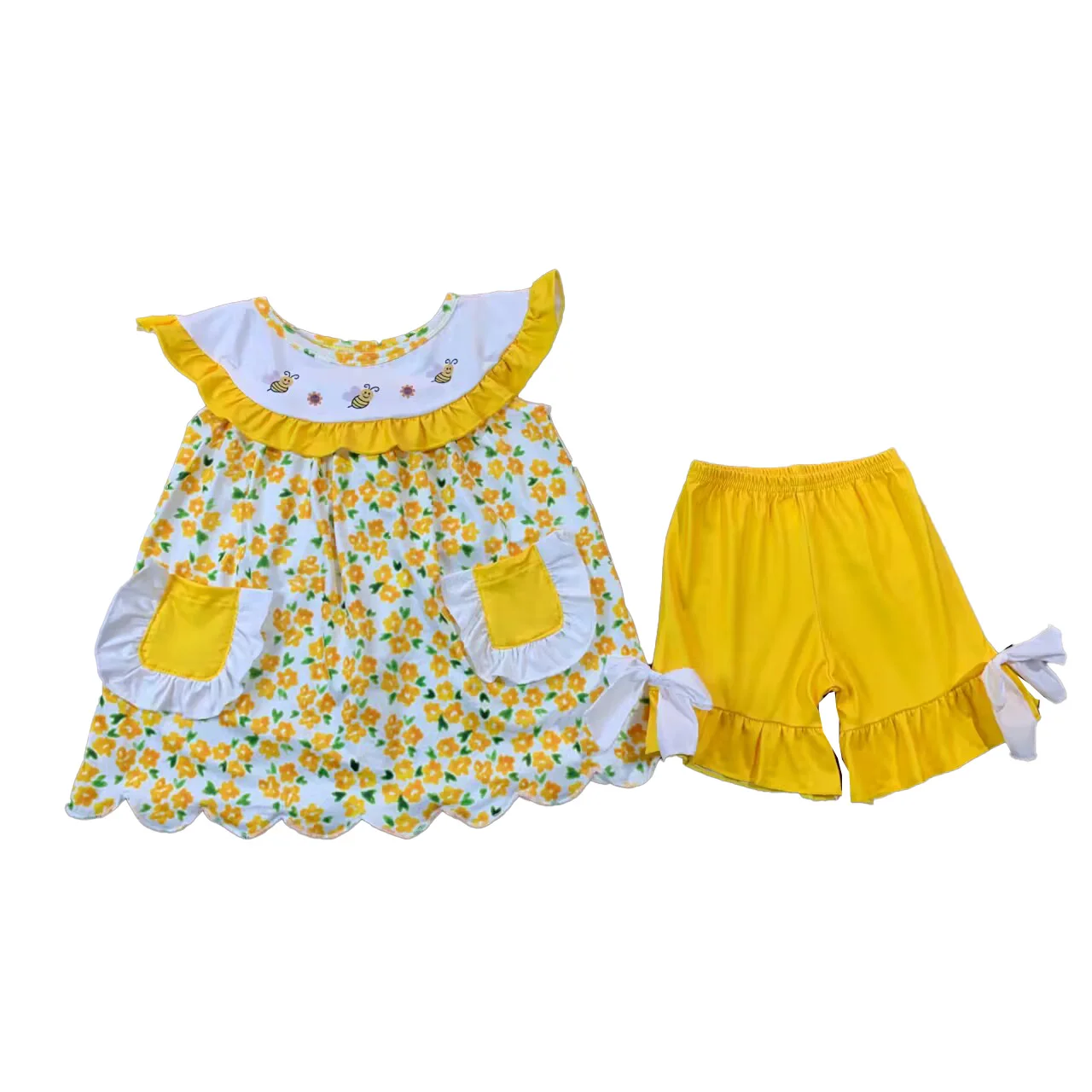 

Wholesale Girls 2 pieces sets Bees Ruffle Dressy Shorts Set Kids Dresses Baby Romper