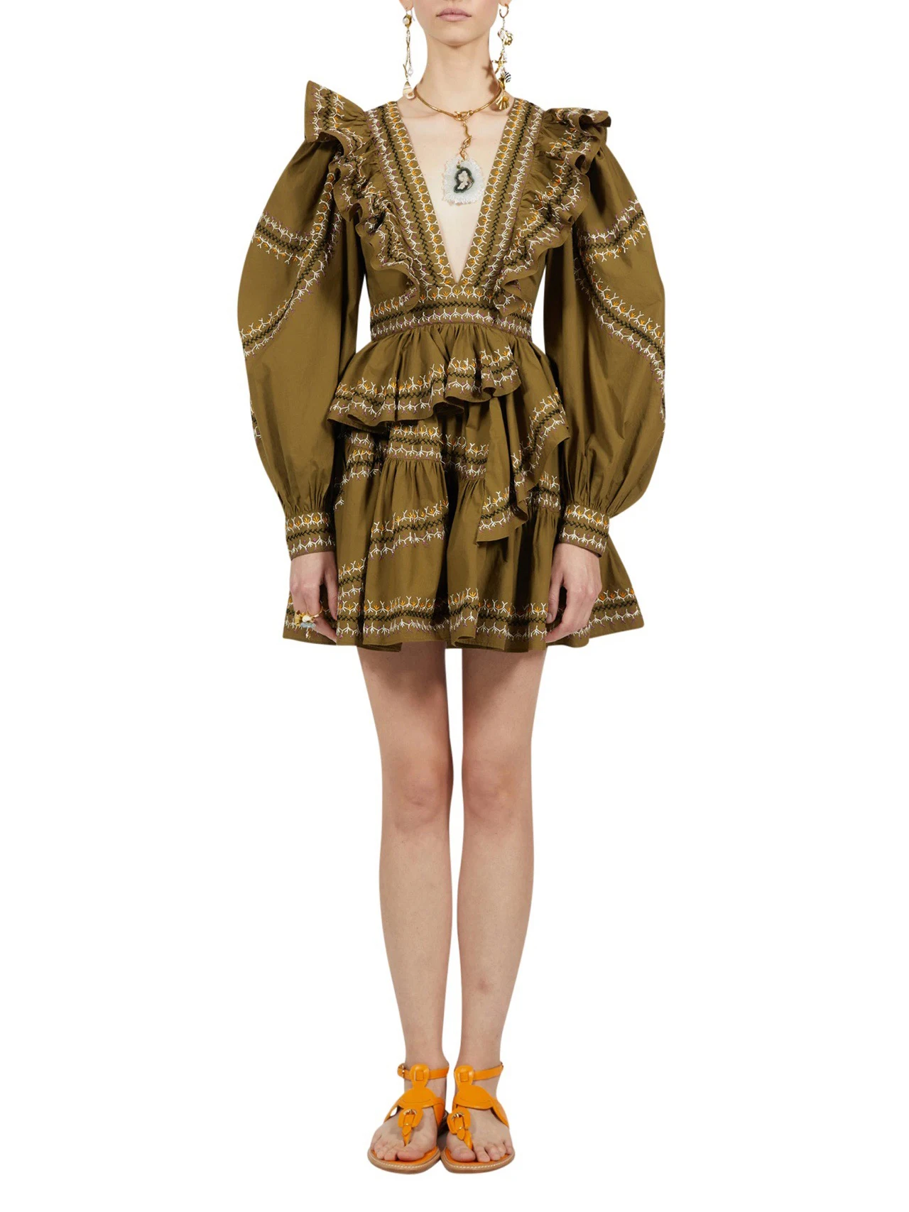 Женское хлопковое мини-платье с рукавами-фонариками и глубоким V-образным