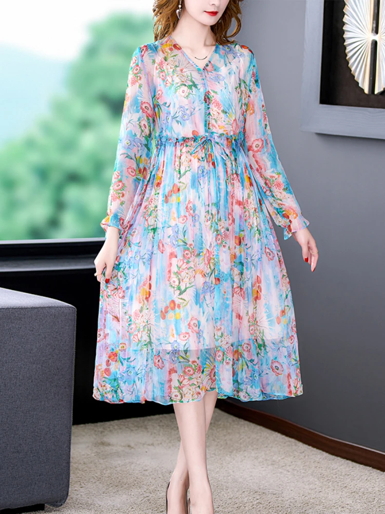 2023 Summer Elegant Women Dresses High Quality Mulberry Silk Beach Dress Vintage Print Runway Midi Dress