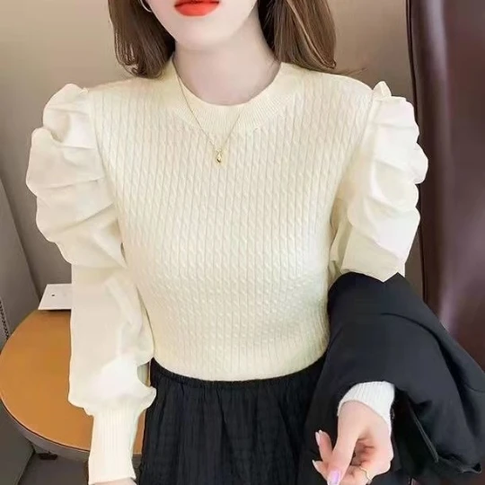 

Бежевый пуловер с пышными рукавами, свитер для девушек и женщин, вязаные топы с V-образным вырезом, плотные женские свитера, Осенний весенний Топ, пальто, тканевая одежда