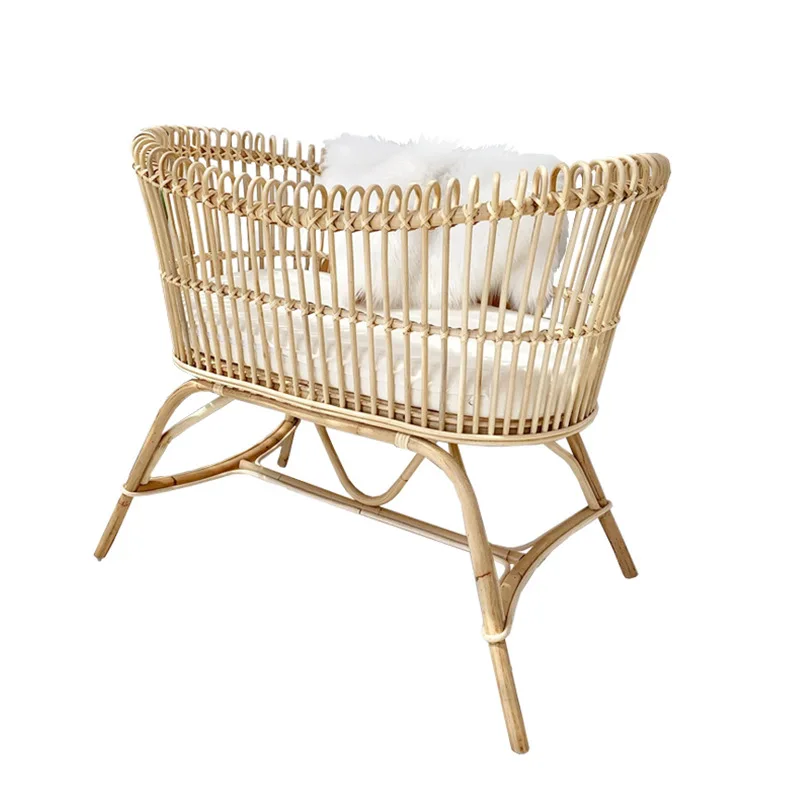 Nordic Full Rattan Crib Real Rattan Baby Bed Multi-functional Splicing Large Bed with Rollers Newborn Paintless Bb Bed