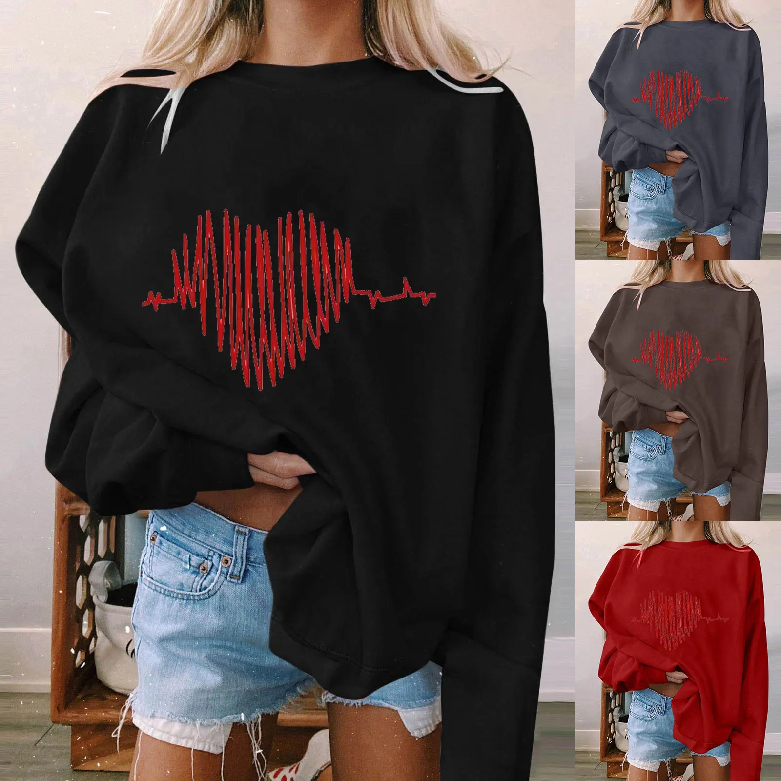

Womens Casual Hoodless Sweatshirt Valentines Day Print Long Sleeve Pullover Sweatshirt Cotton Hoodie Women