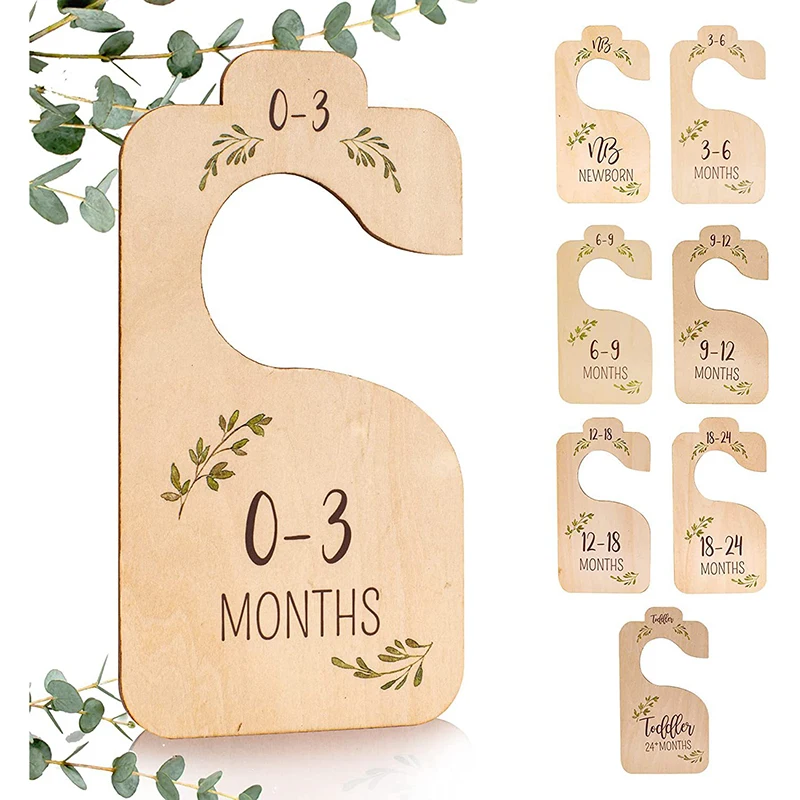 8 PCS Wooden Baby Nursery Newborn Closet Size Dividers Wood Card Clothes Hanger Carved Hanging Decorations