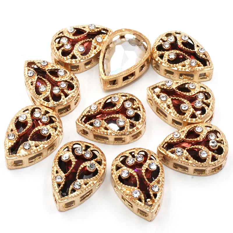 

New Products 5pcs/Bag Wine Red Drop Shape Crystal Glass Stone Sewing Rhinestones With Nest Gold Claw For DIY Jewelry Making
