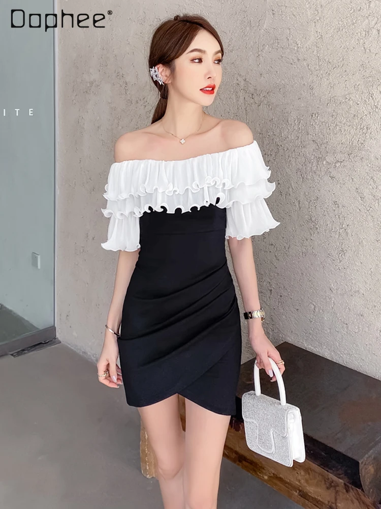 

Socialite Ruffled Tube Top Asymmetric Black Short Dress Sexy Off Shoulder Slimming Pleated Backless Hip Dresses for Women Party