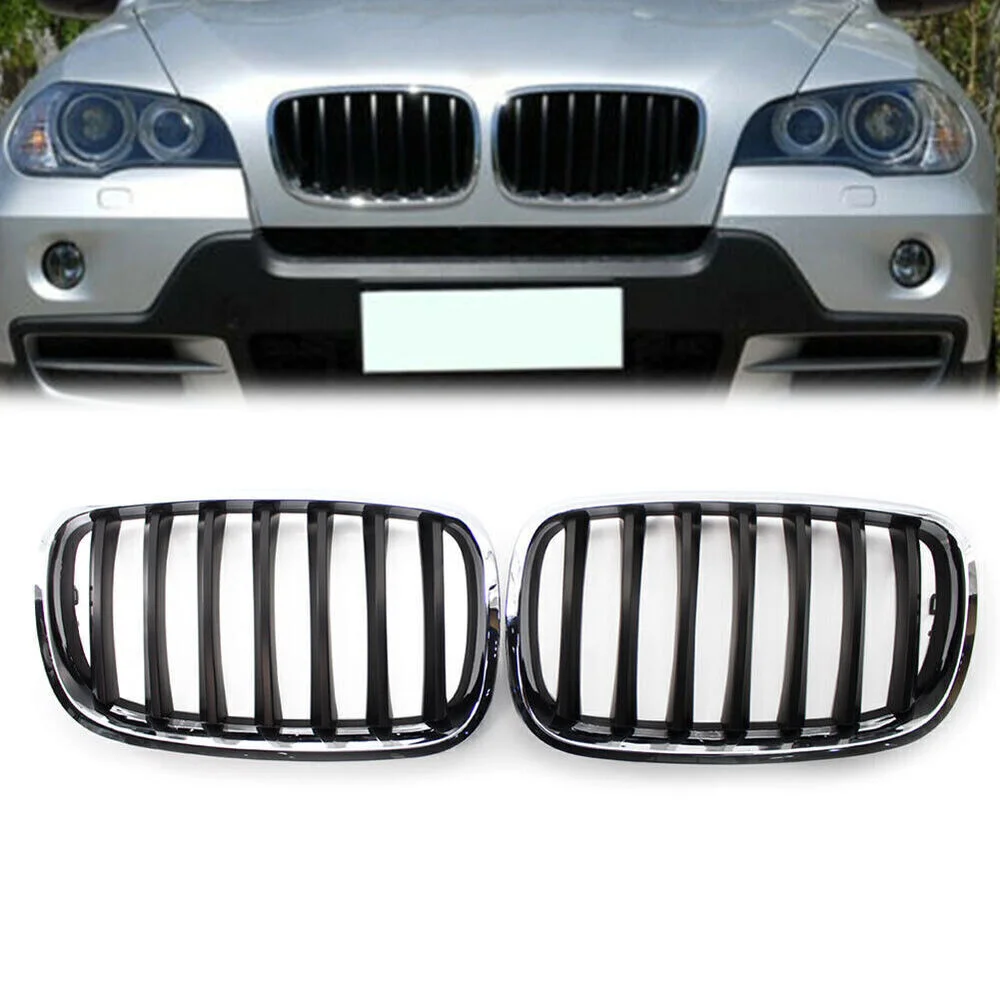 

Chrome Frame Shiny Black Slat Front Grill Grille For BMW E70 X5 E71 X6 2008-2013