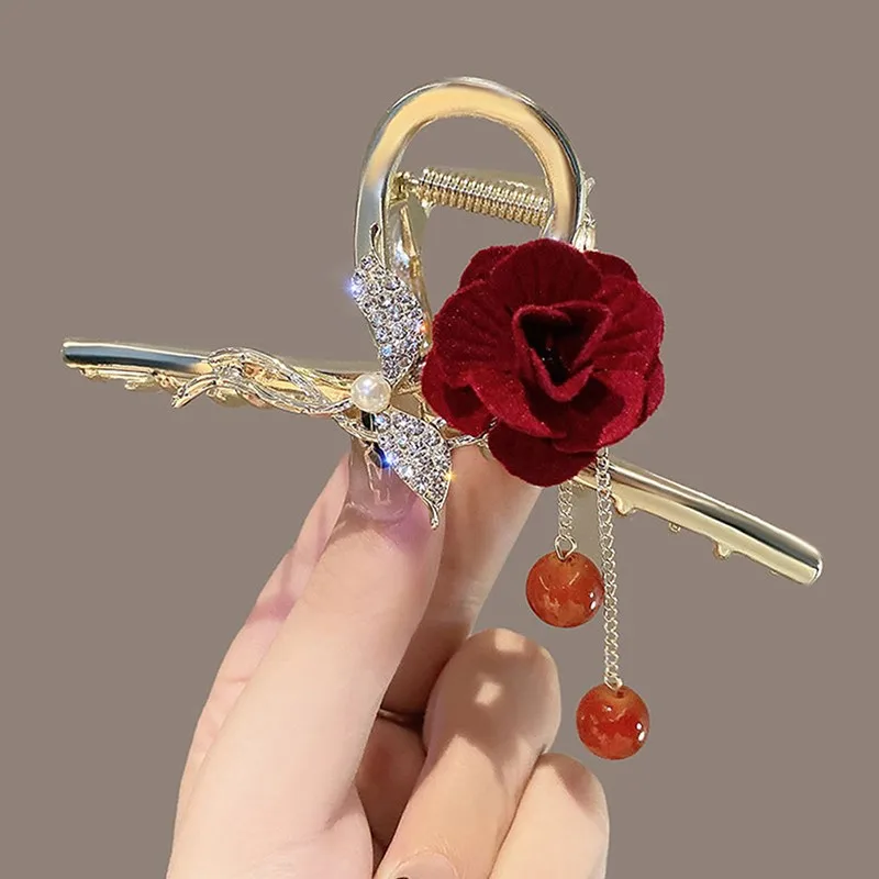 

Elegant Rose Tassel Grab Clip Temperament Hair Clip Female Back Of The Head Spoon Coiled Hair Shark Clip Headdress