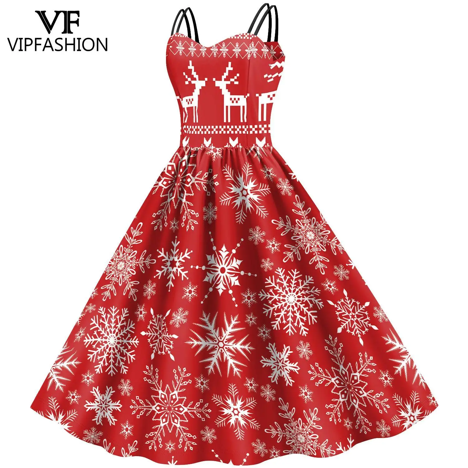 VIP FASHION Woman Snowflake Christmas Dress Sweetheart Neck Sphagetti Strp New Year Up Fancy Costume Xmas Clothes