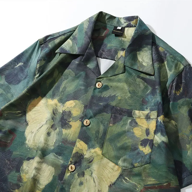 Retro Painting Graffiti New Shirts for Men Clothing Short Sleeve Loose Beach Hawaiian Summer Button Up Shirt Neutral Wind