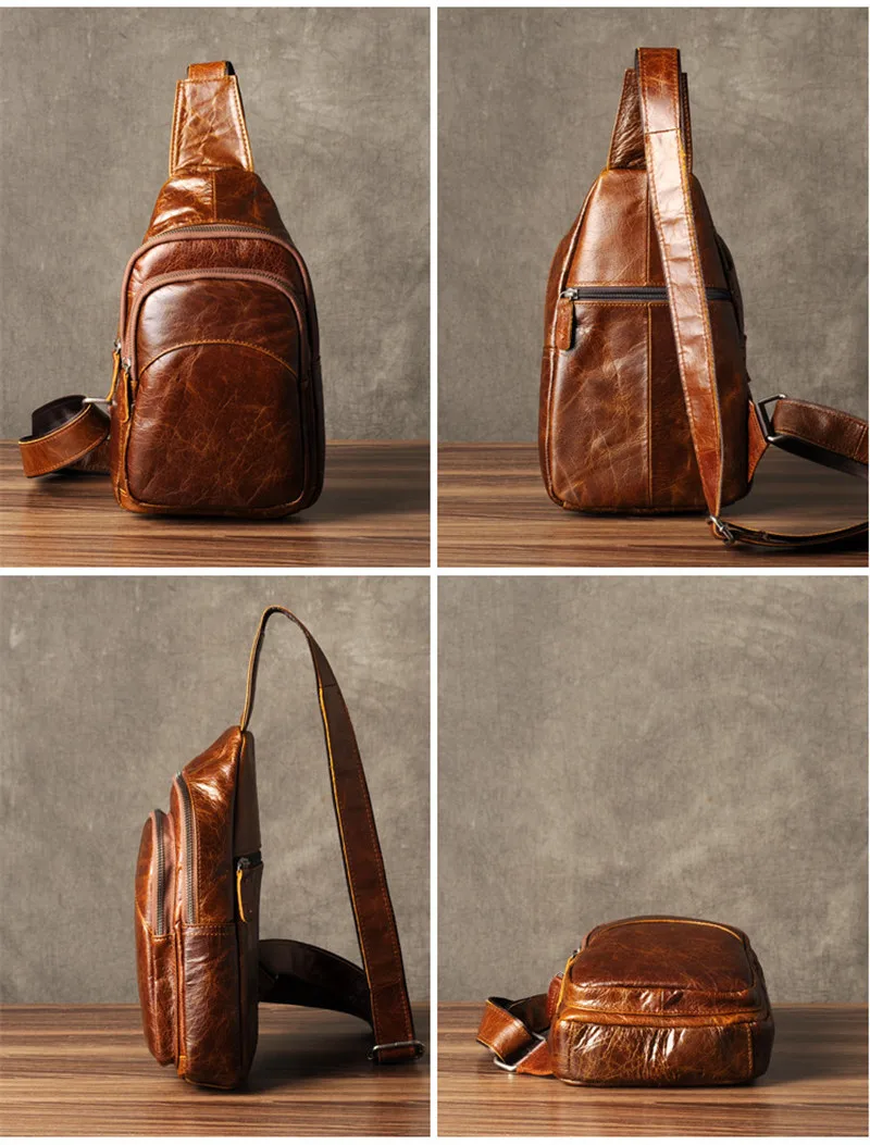 Vintage luxury genuine leather men's chest bag outdoor daily designer handmade natural real cowhide sports crossbody bags