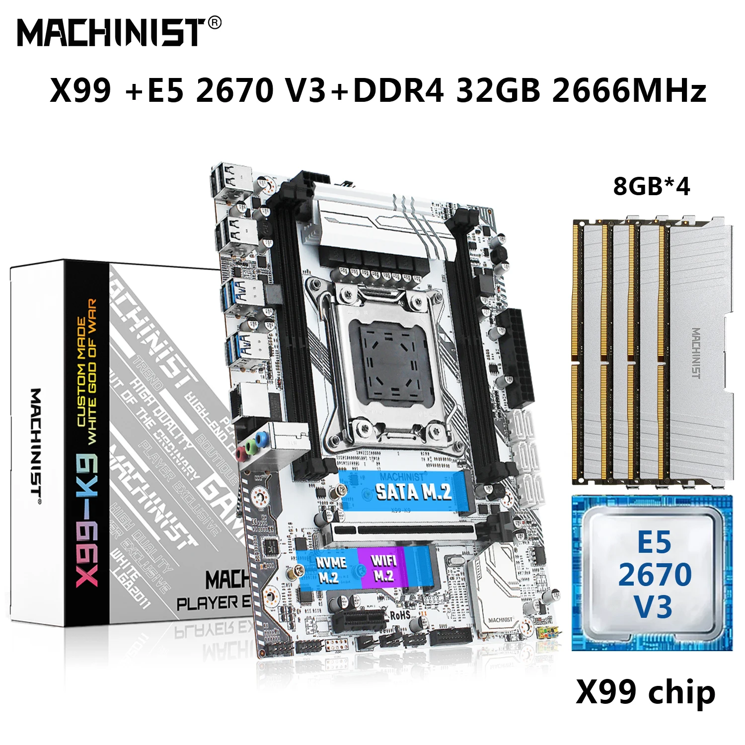 MACHINIST X99 Kit Motherboard LGA 2011-3 Set With Xeon E5 2670 V3 CPU Processor 32G(4*8G) DDR4 RAM Memory NVME M.2 M-ATX X99-K9