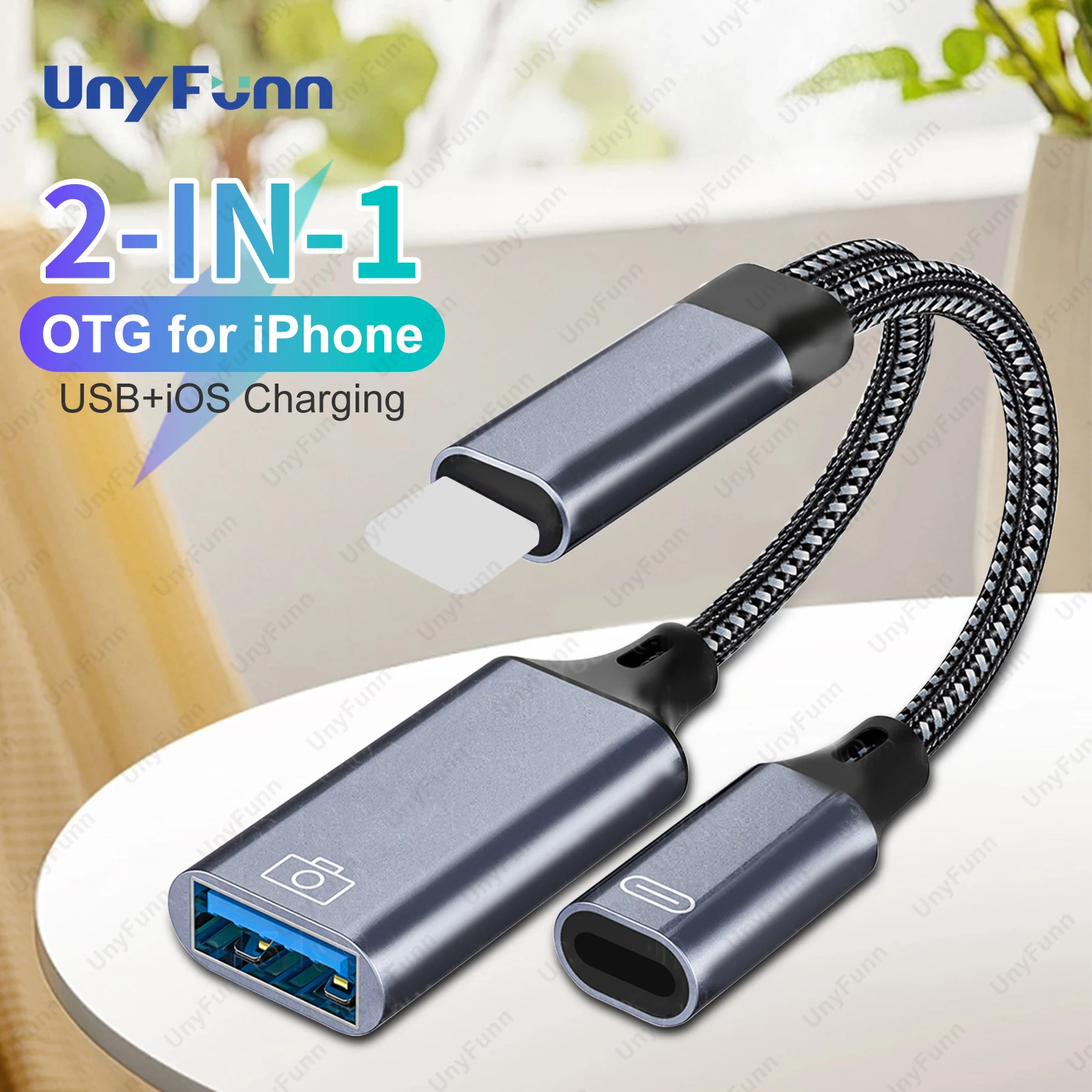 Фото Кабель OTG 2 в 1 для iPhone с адаптером для зарядки, адаптером USB A с портом для зарядки PD для IOS 13 и ExFAT и FAT32 №1