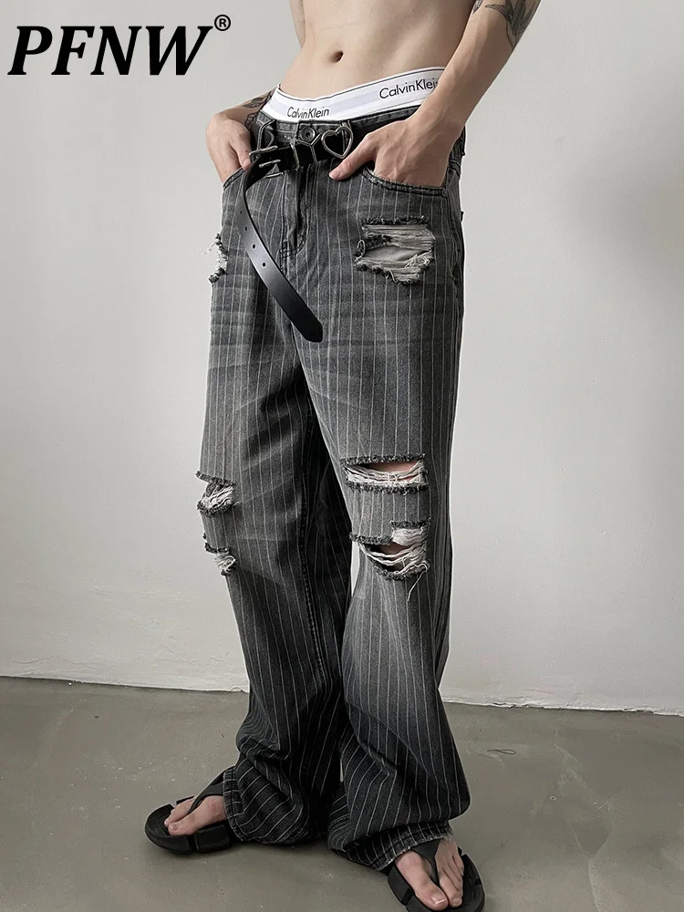 

PFNW Модные джинсы в американском стиле, в стиле Хай-стрит, в тяжелой промышленности, с дырками, в полоску, прямые свободные джинсовые брюки для мужчин 12A5378