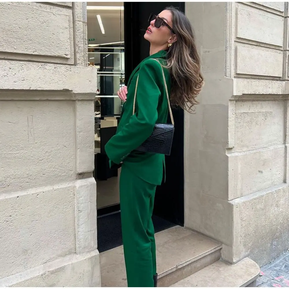 Casual Green Women Suits Long Sleeve Notched Collar Single Breasted Blazers High Waist Pants Female Suit 2023 Spring Fashion Set