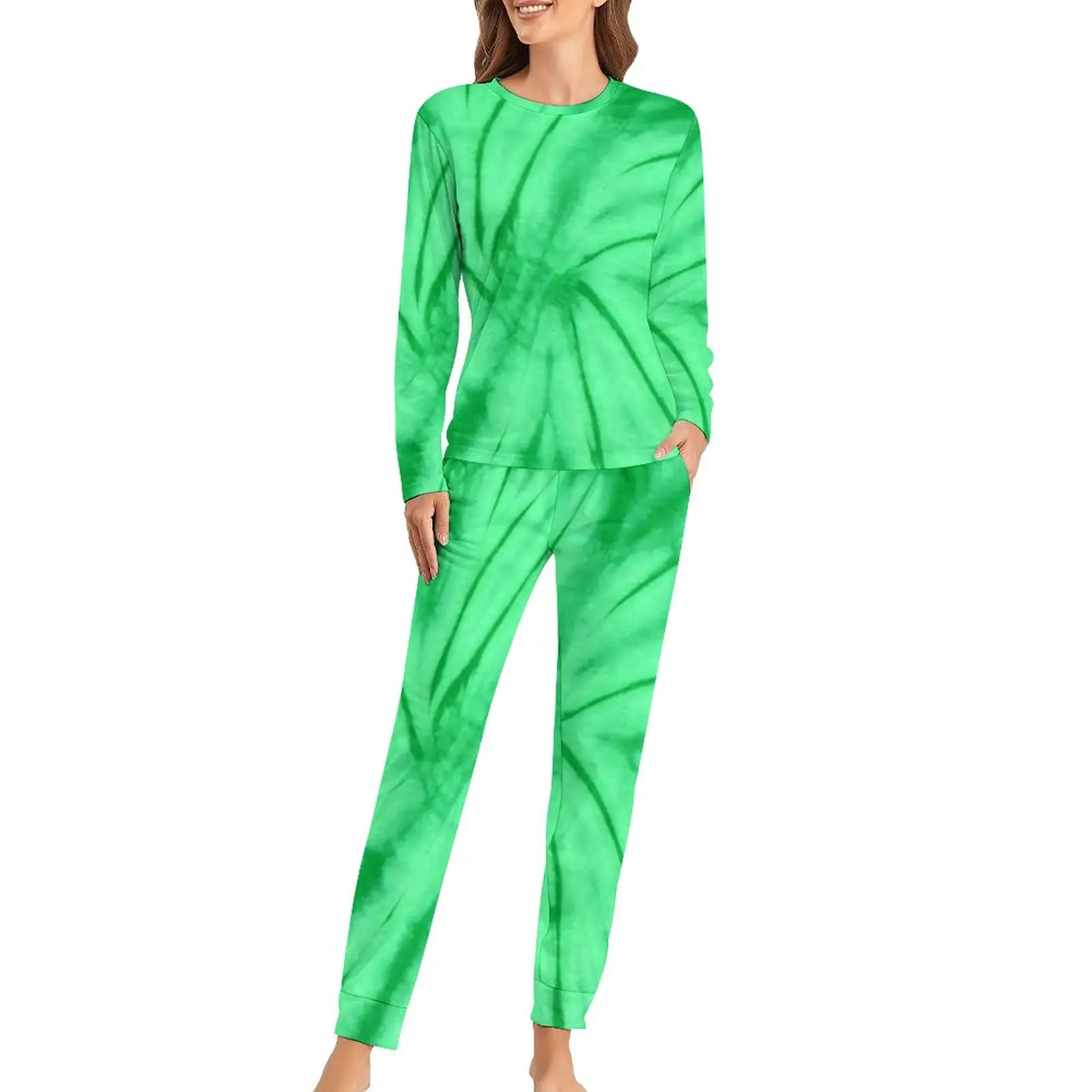 

Пижама с зеленым галстуком женская, мягкий домашний костюм на спирали с вихревым узором, ночная одежда для сна оверсайз с графическим рисунком, подарок, 2 предмета