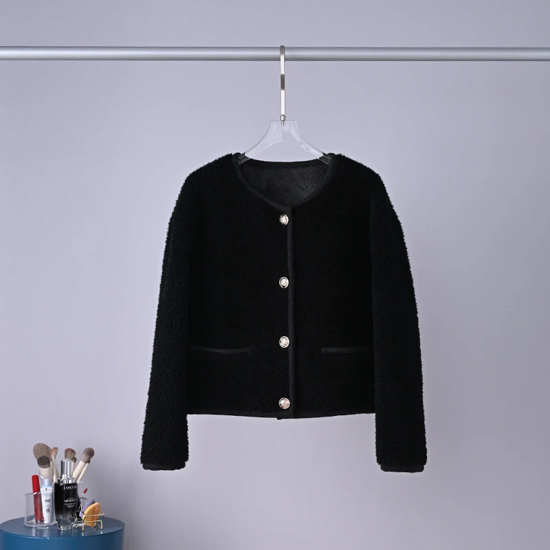 2023 Women Winter Fashion Genuine Wool Fur Jackets Female Short Sheep Shearing Coats Ladies O-neck Real Fur Overcoats R363