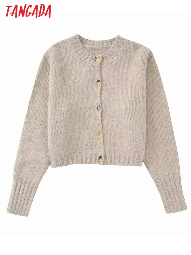 

Tangada Women Carrot Buttons Decorate Crop Knit Cardigan Sweater Vintage Long Sleeve Female Jumper BE239