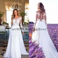 long sleeves lace wedding dresses a line chiffon floor length sheer neck and back country boho bridal gowns