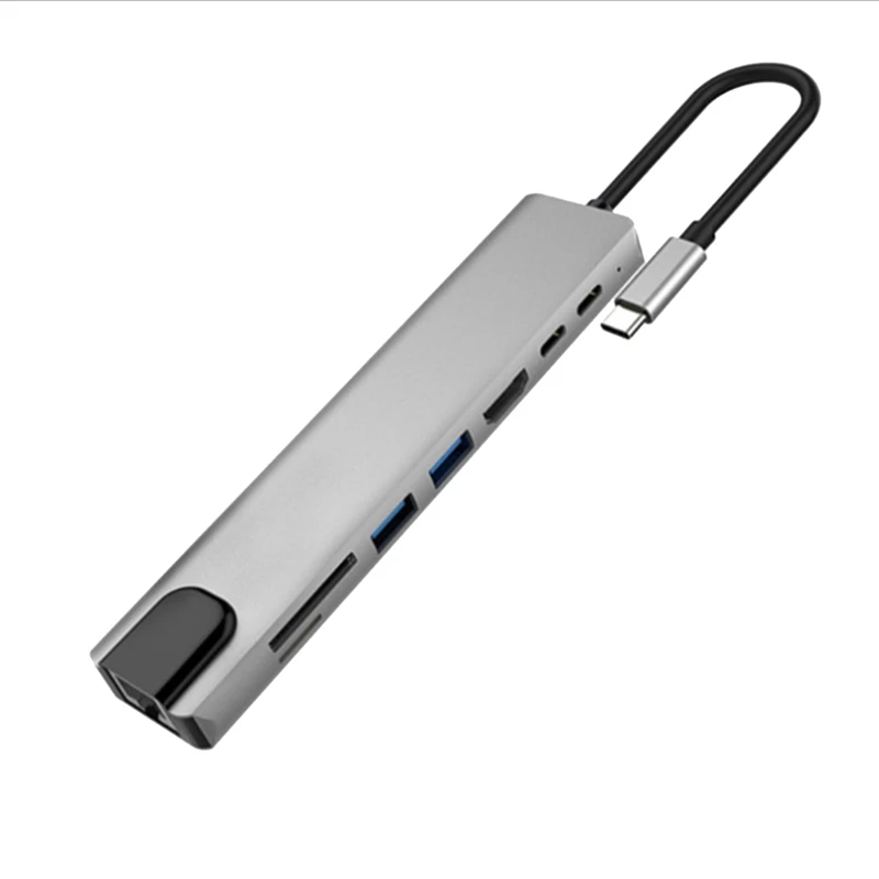 

USB Type-C Hub To 4K HDMI-Compatible RJ45 USB SD/TD Card Reader PD Fast Charge 8-In-1 Multifunction Adapter