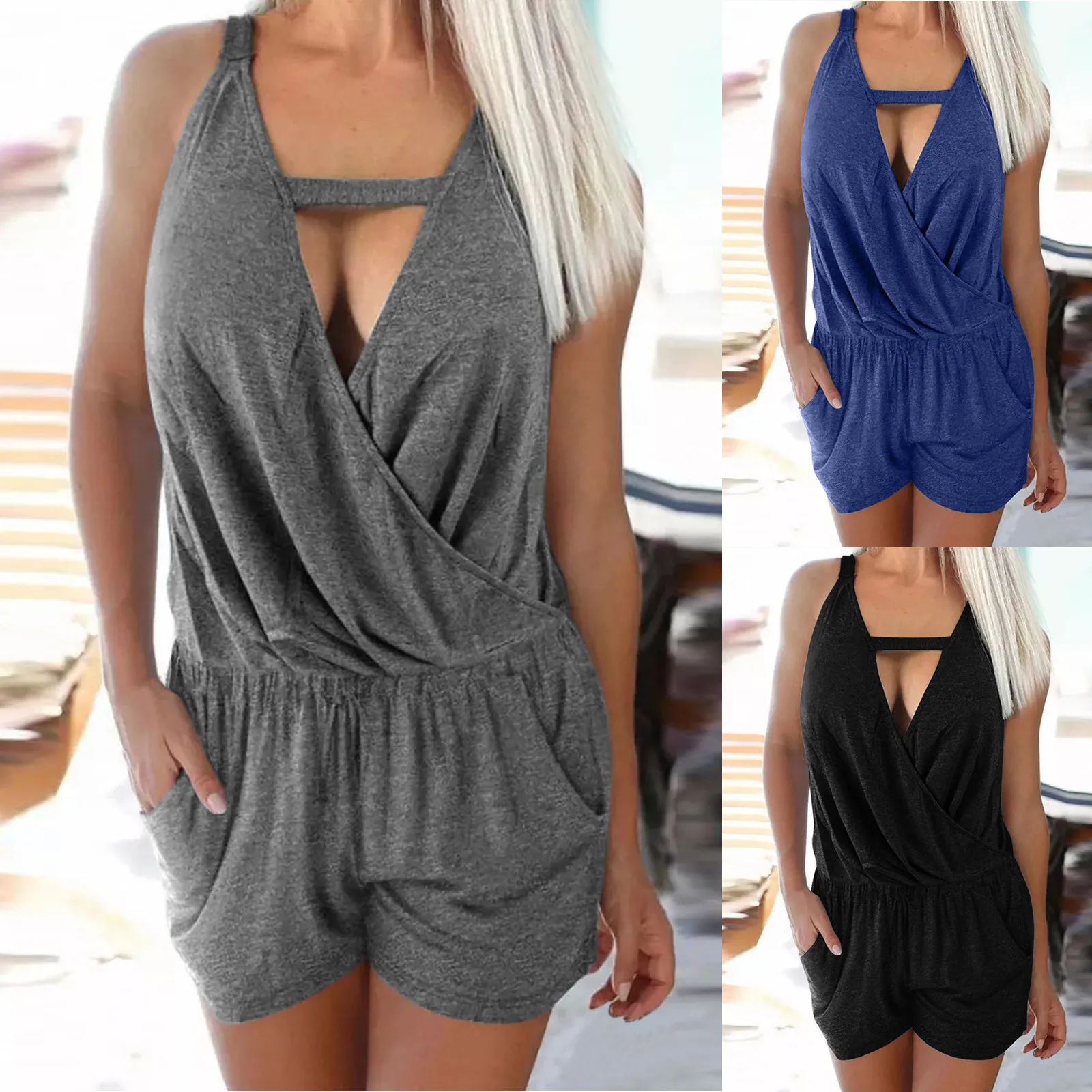 

Women Summer Casual Print Jumpsuit High Waist Playsuit Sleeveless Jumpsuits Strappy Beach Rompers With Pockets Linen Romper