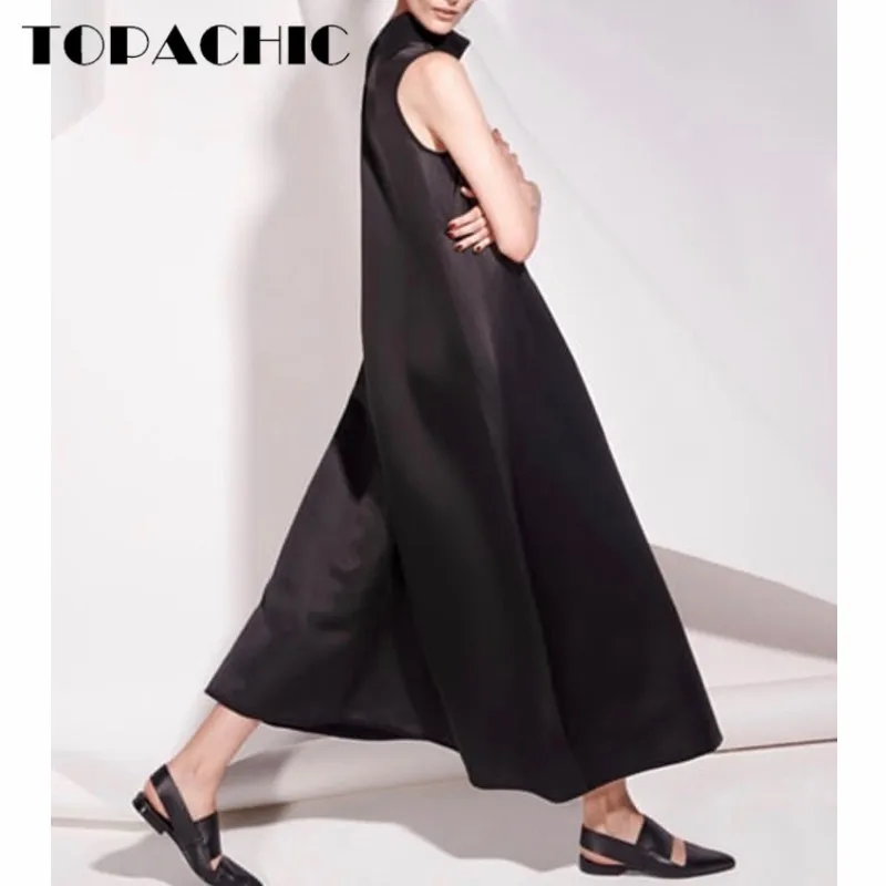 6.8 High Quality Acetate Fashion Temperament Simple O-Neck Sleeveless Black Maxi Tank Dress Women