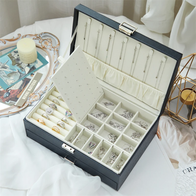 QM New 2-layers Jewelry Organizer Necklace Earrings Rings Jewelry Box Waterproof Dustproof  Packaging Large Capacity Storage