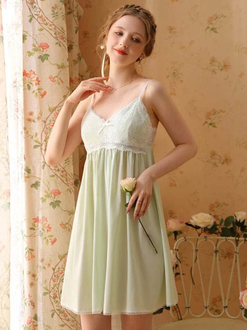 Women Night Dress Cotton Spaghetti Strap Sexy Sleepwear Vintage Princess Nightgowns Victorian Sweet Lace Fairy Pajamas with Pads