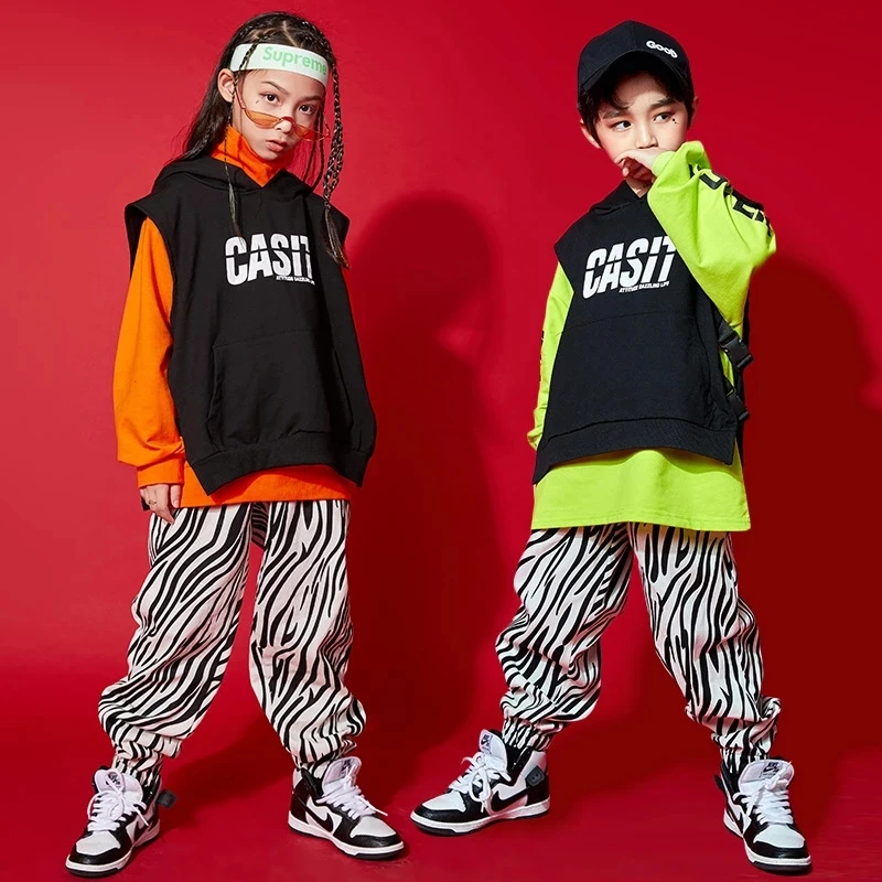 

Boys Hip Hop Girls Hooded Vest Striped Jogger Pants Child Jazz Sweatshirt Street Dance Pullover Kids Costume Teens Sport Outwear