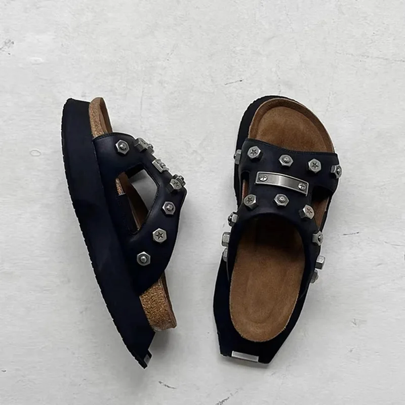 

Sheepskin Niche Functional Rivet Slippers Women's Summer Thick-Soled Leather Outdoor Semi-Slippers Sandals Shoes