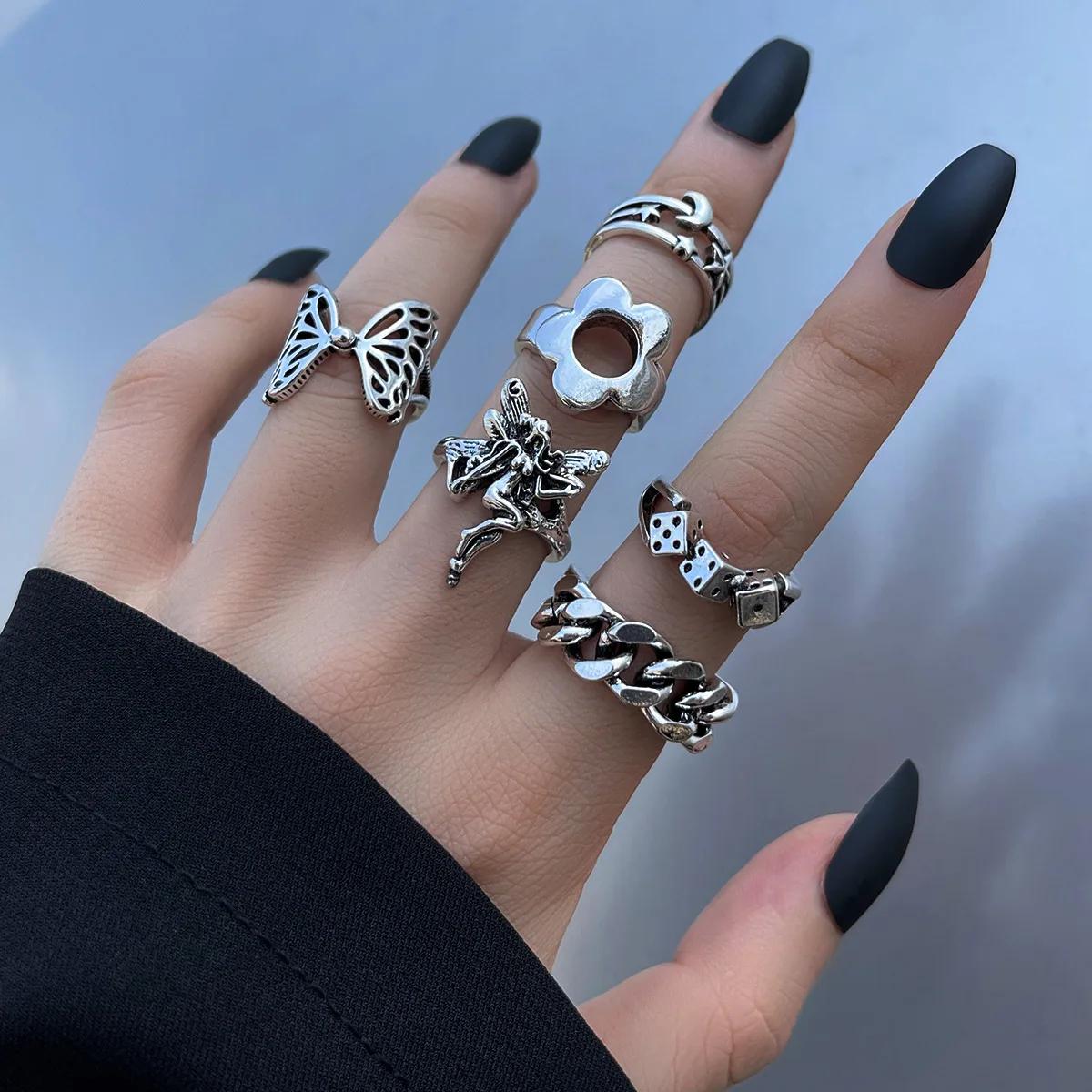 

Fashion Cool Retro Spades Card Poker Creative Butterfly Love Flame Snake Oil 6 Set Rings Punk Hip-Hop Jewelry For Women For Men