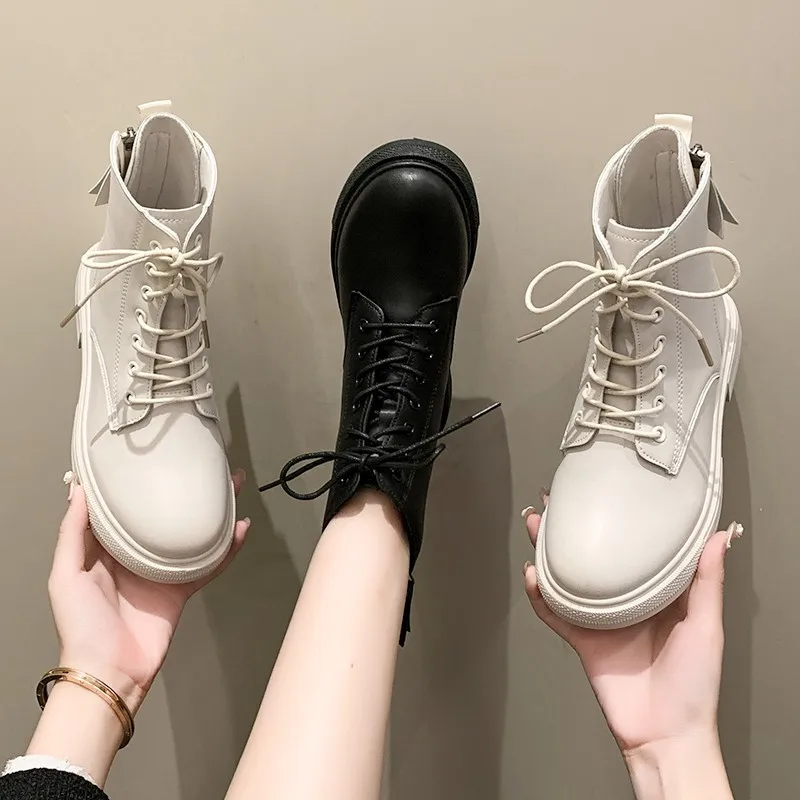 2022 Winter Ankle Boots Women Platform Leather Round Toe Side Zipper Lace-Up Ladies Non-slip Thoes Handmade Motorcycle Boots