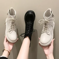 2022 winter ankle boots women platform leather round toe side zipper lace up ladies non slip thoes handmade motorcycle boots
