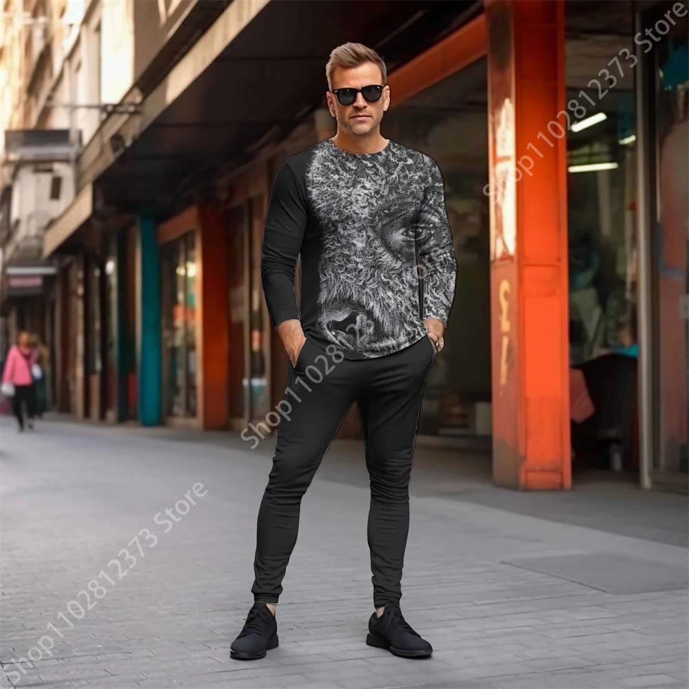 2023 Man Tracksuit Sets Men's Fashion Long Sleeve T-shirts Two Piece Set Men 3D Animal Printing Casual Streetwear Men Clothing