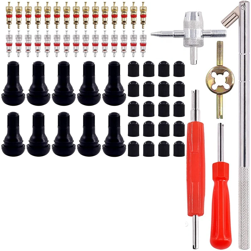 

65Pcs Valve Stem Puller Tools Set,TR412 Snap-In Valve Stems & Caps,4 Way Valve Core Remover Installer Tool