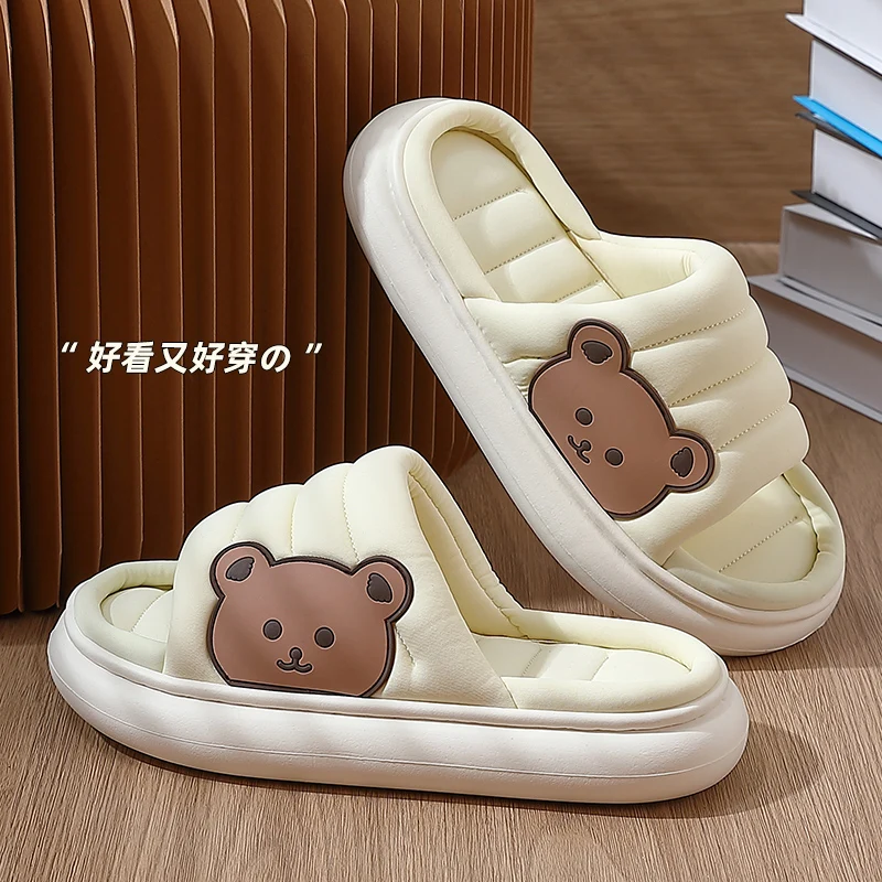 

Bear Slippers Summer Women Man Linen Down Thick Sole Indoor Flip Flops Soft Non-Slip Couple Home Sandals Slides Ladies Shoes