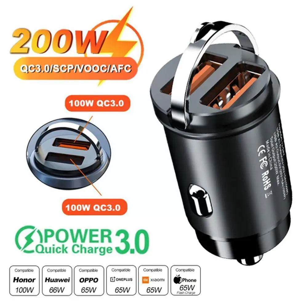 

2Pcs 200W QC3.0 PD Car Charger 5A Fast Charing 2 Port 12-24V Cigarette Socket Lighter Car USBC Charger For IPhone Power Adapter