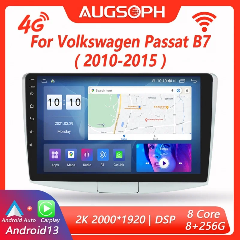 

Автомобильный радиоприемник на Android 13 для Volkswagen Passat B7 2010-2015, 10 дюймов, 2K мультимедийный плеер с 4G Car Carplay и 2Din GPS