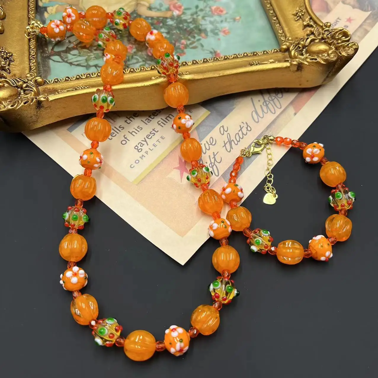 

2023 New Vintage glazed colorful sweet persimmon ruyi French new necklace bracelet set jewelry