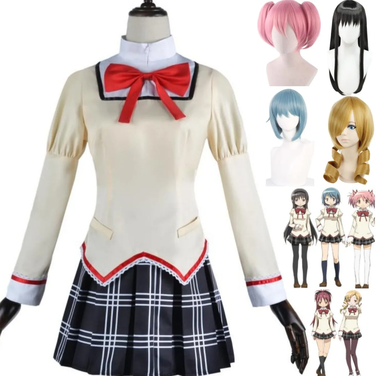 

Anime Puella Magi Magica Kaname Madoka Miki Sayaka Akemi Homura Tomoe Mami Sakura Kyōko Cosplay Costume Wig JK School Uniform