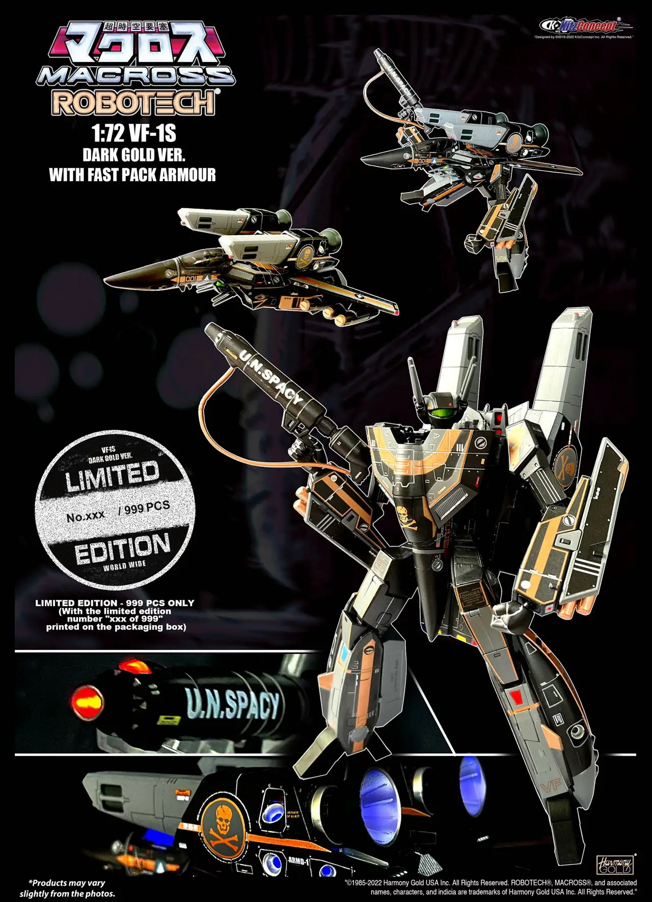 

in stock KitzConcept KC Robotech Macross VF-1S Armored Valkyrie Dark Gold Ver with Fast Pack Armour Limited Edition