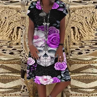 summer womens elegant skull floral 3d printed dress v neck short sleeves dress casual female boho loose dress
