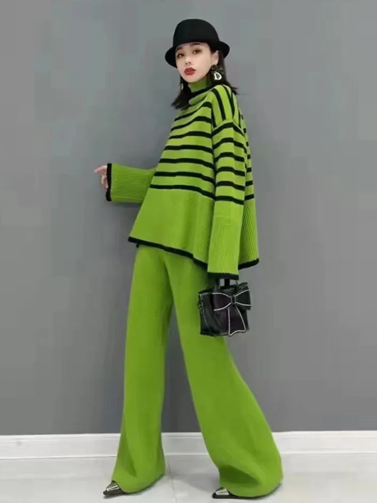 Women Knitting Suit High Collar Striped Loose Pullover Top High Waist Wide Leg Pants Casual Style 2022 New Autumn Traf Zara