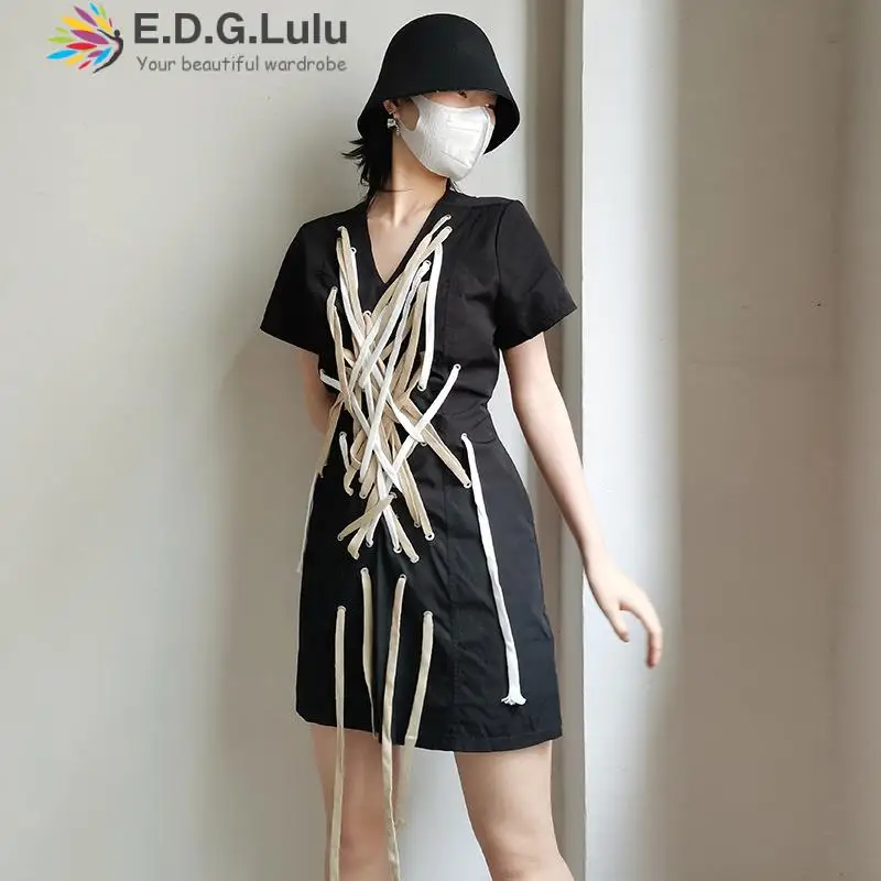 

EDGLuLu Fashion V-neck Design Braided Cross Drawstring Summer Dress Women 2022 Casual Street Black Short Sleeve Dress 0601