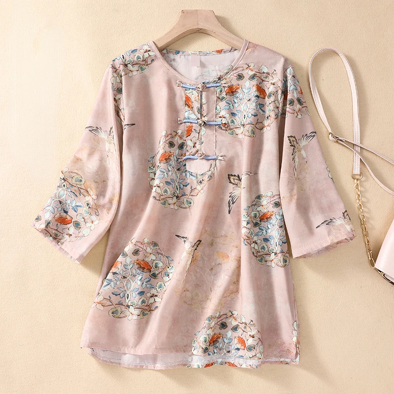 

Женская рубашка в китайском стиле, Новинка лета 2023, блузки с цветочным принтом, повседневный Свободный Топ из хлопка и льна с О-образным вырезом и рукавом 7 сентября, YCMYUNYAN