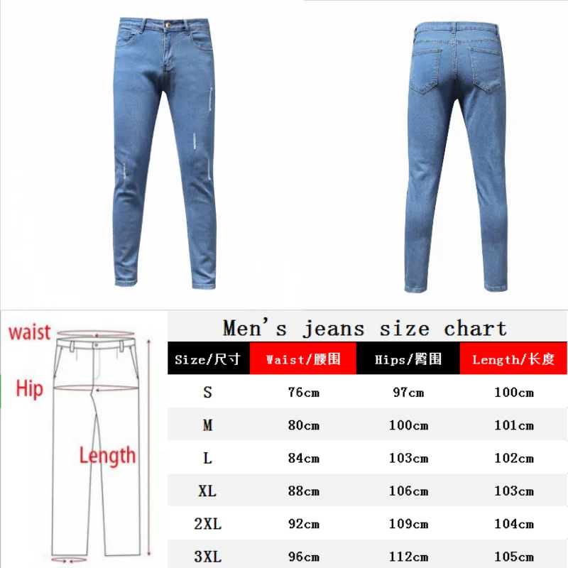 New Men's Jeans Four Seasons Blue Men's Frayed Stretch Jeans Beach Casual Pants Denim Cotton Pants Slim Pencil Pants for Men