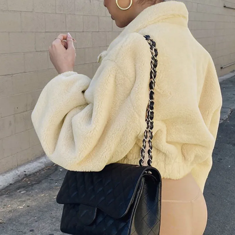 Cropped Jacket Faux Fur Winter Outwear 2021 Women Soft Plush Long Sleeve Coat Drop Shipping Fashion Clothing Coat Fake Fur Black